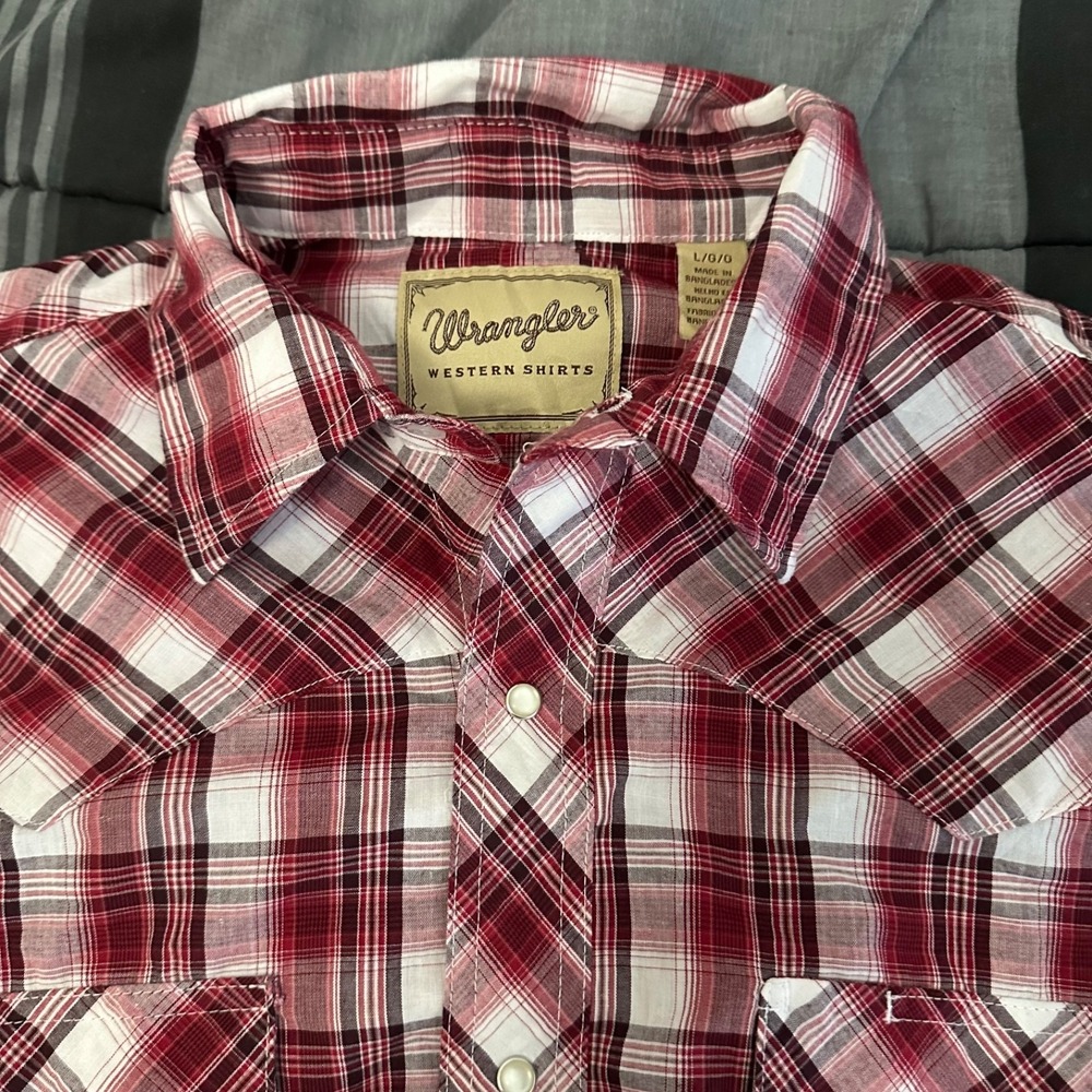 Wrangler Shirt Mens Large Red Blue Plaid Western Cotton Blend Pearl Snap Casual - Picture 2 of 4
